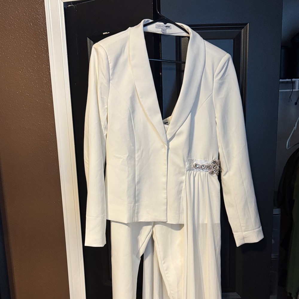 Fashion Nova White Jumpsuit with Silver Accent
